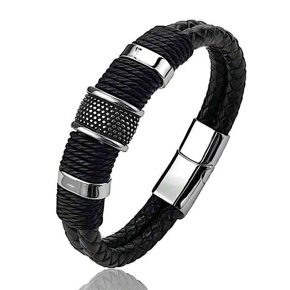 BLACK STAINLESS STEEL LEATHER BRACELET